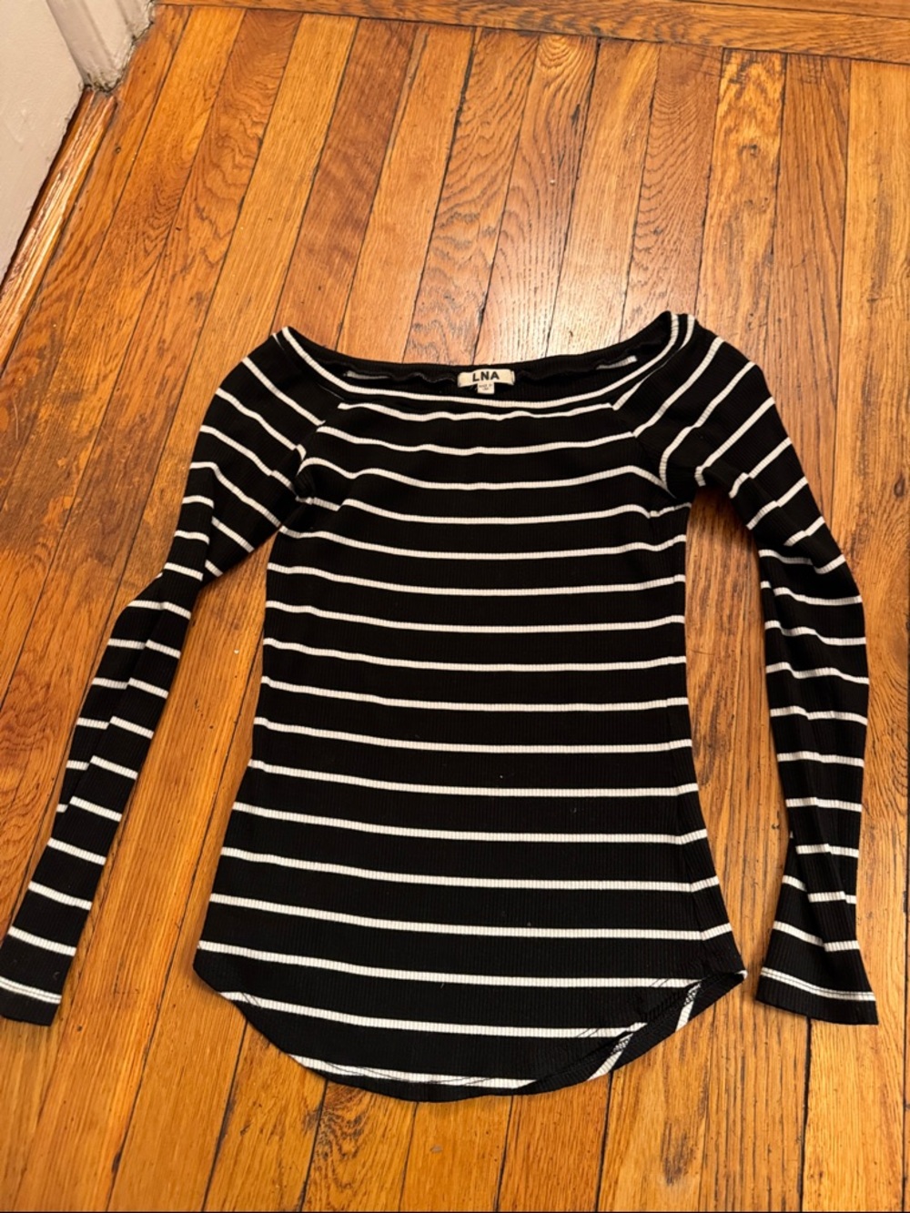 LNA Black and White Ribbed Long-Sleeve Scoop Neck Top